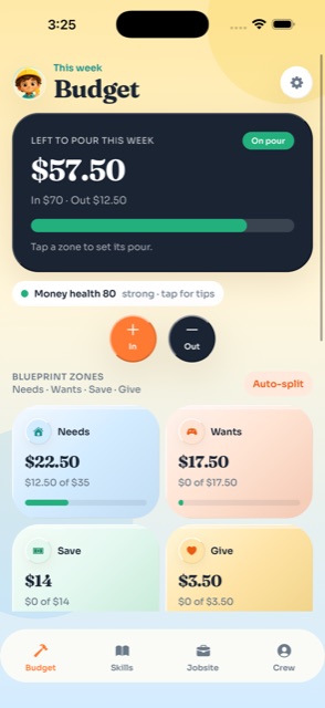 Budgeteen Budget screen: $57.50 left to pour this week, money health 80, Needs Wants Save Give envelopes